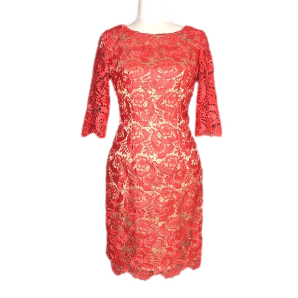 Eliza J. coral and gold lace dress